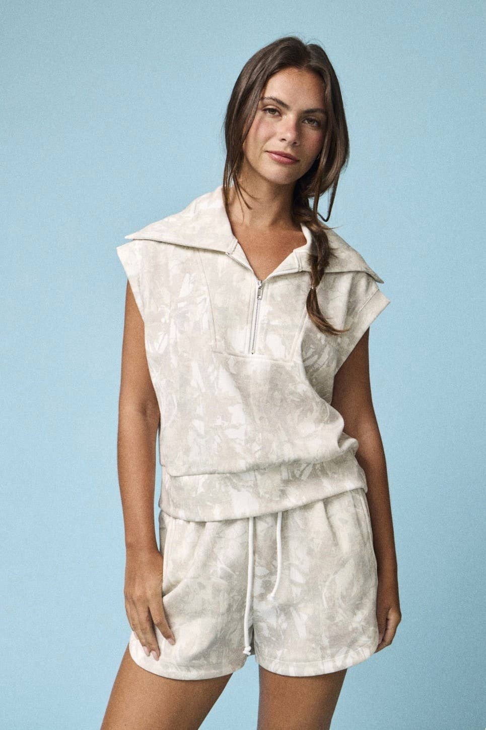 PX51001 - Camo Half Zip Slvls Top and Shorts Set