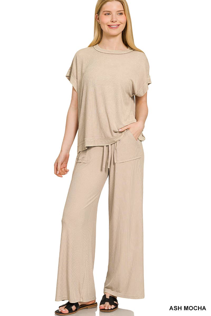 Ribbed Acid Wash Rayon Top N Pants Set