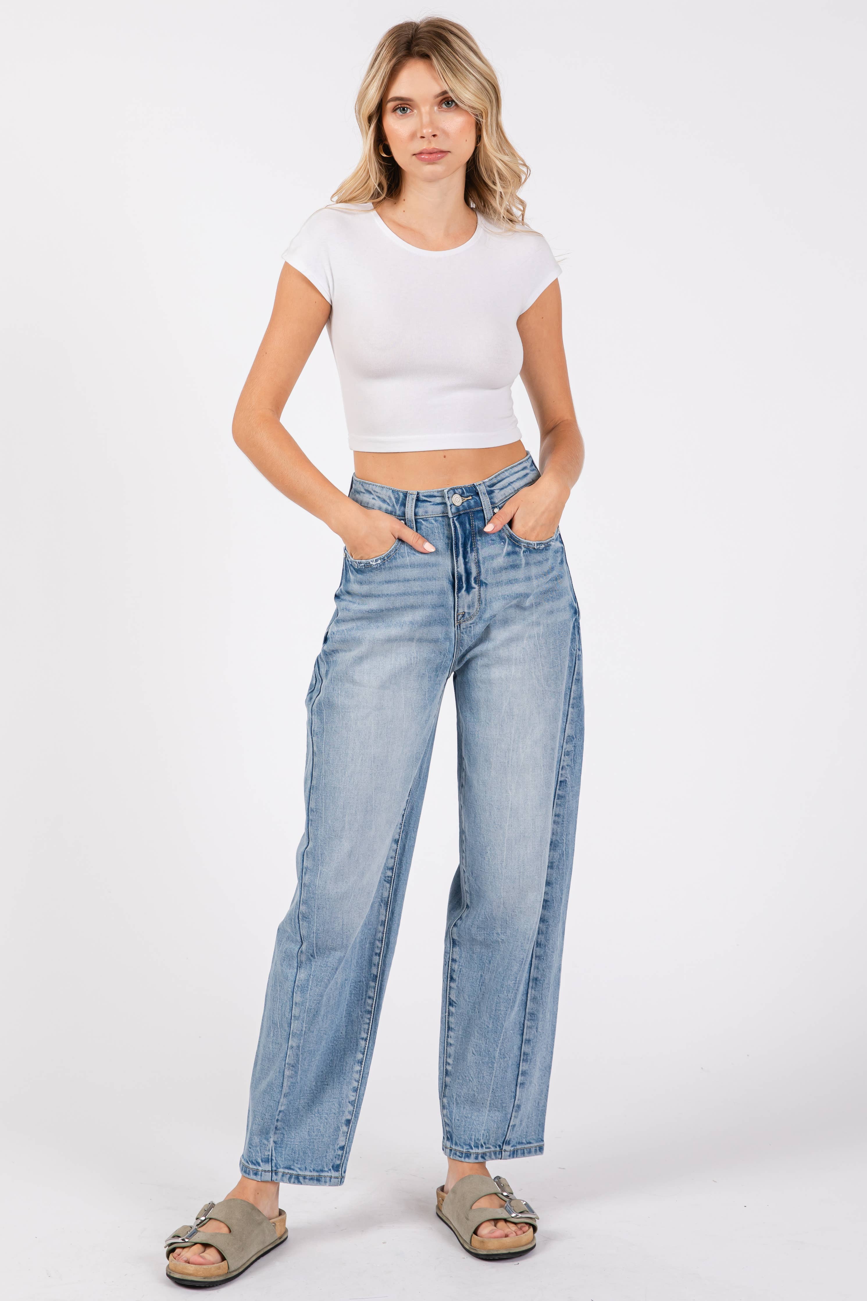 P1305X-LM SIDE SEAM DETAILING HIGH RISE COMFORT BARREL JEANS