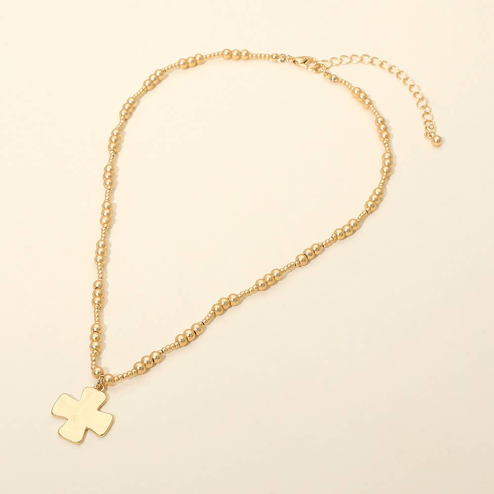 Brushed Hammered Metal Cross Pendant Beaded Chain Necklace
