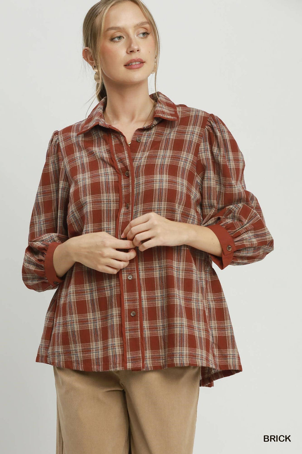 Plaid Button Front Puff Sleeve Blouse