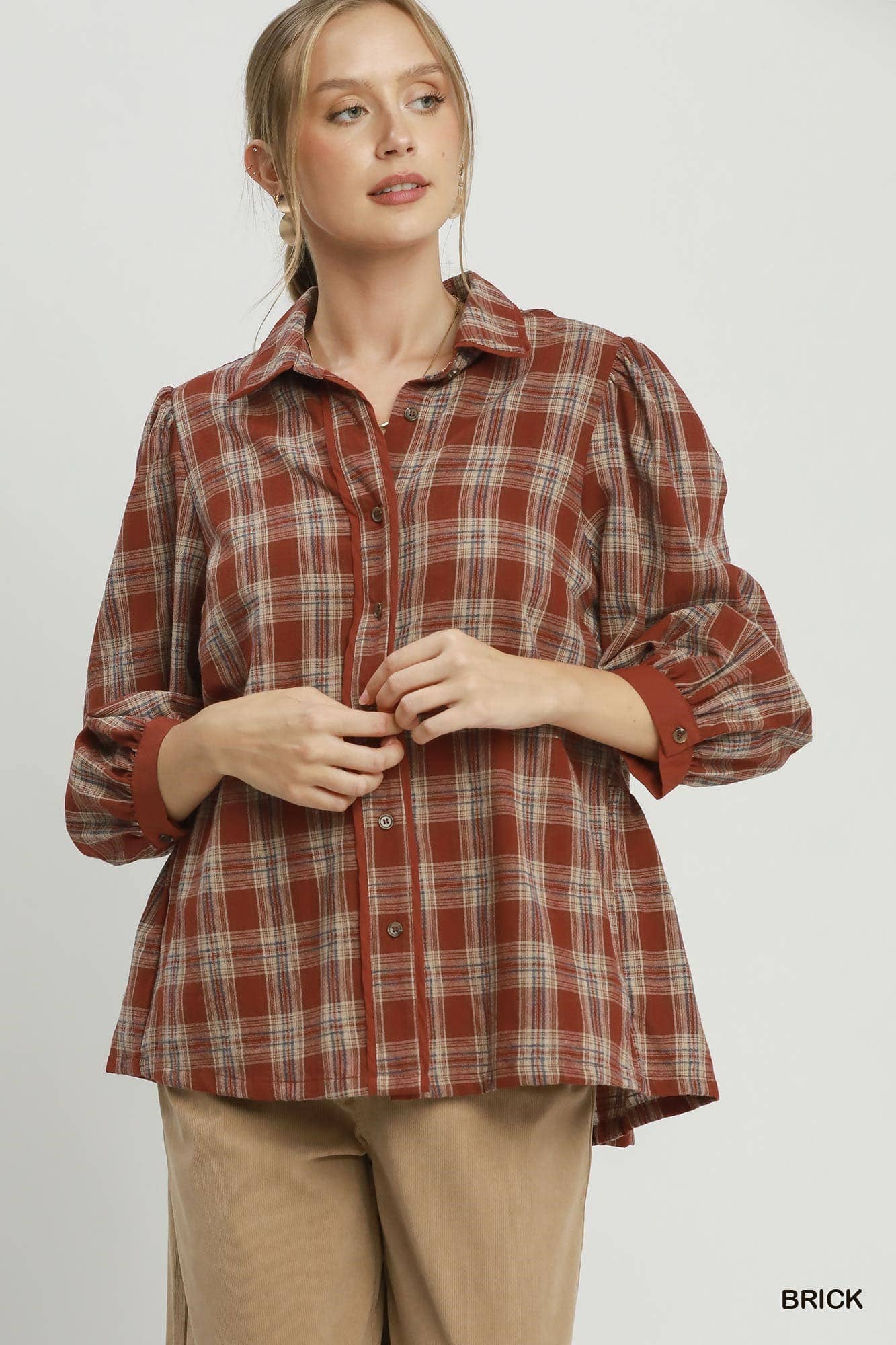 Plaid Button Front Puff Sleeve Blouse