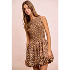 LEOPARD BOW TIE ATTACHABLE PUFF SLEEVES DRESS