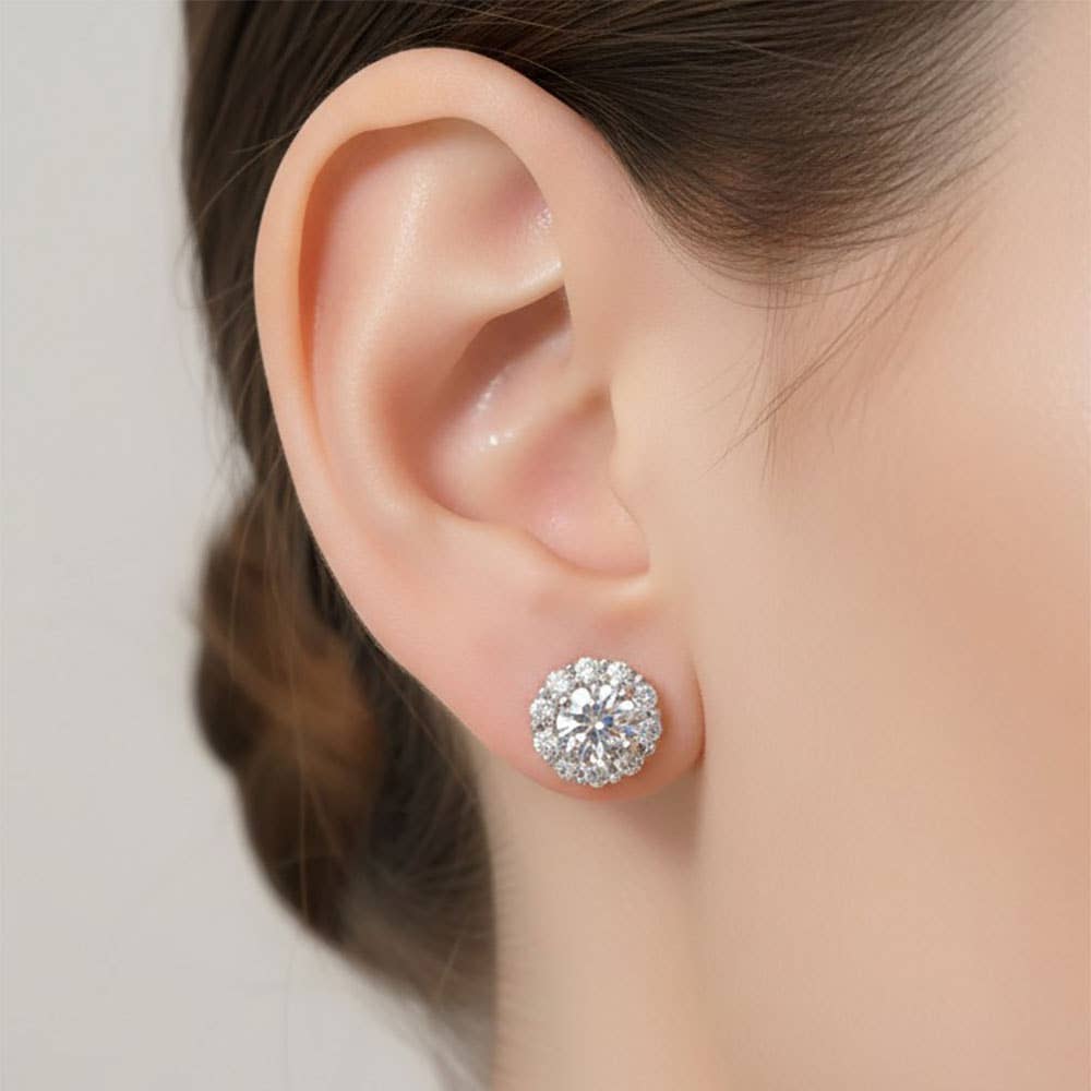 14K Gold Dipped Dainty Round Halo CZ Stud Earrings