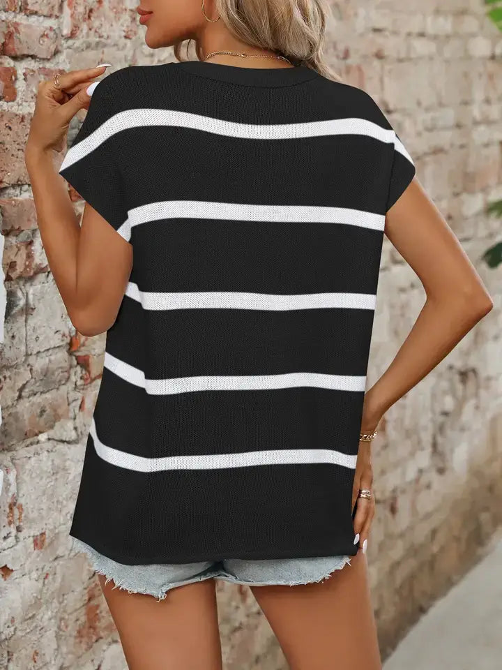 Striped Short Sleeve Knit Sweater Casual Summer Top