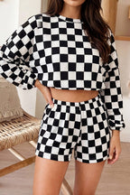 66 Checkered Long Sleeve Crop Top and Shorts 2pcs Set (S-XL)
