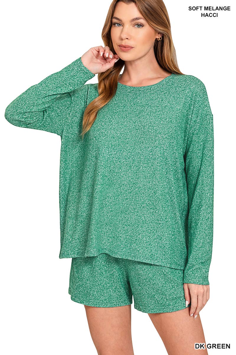 Soft Melange Long Sleeve Tee & Shorts Loungewear Set-Zenana