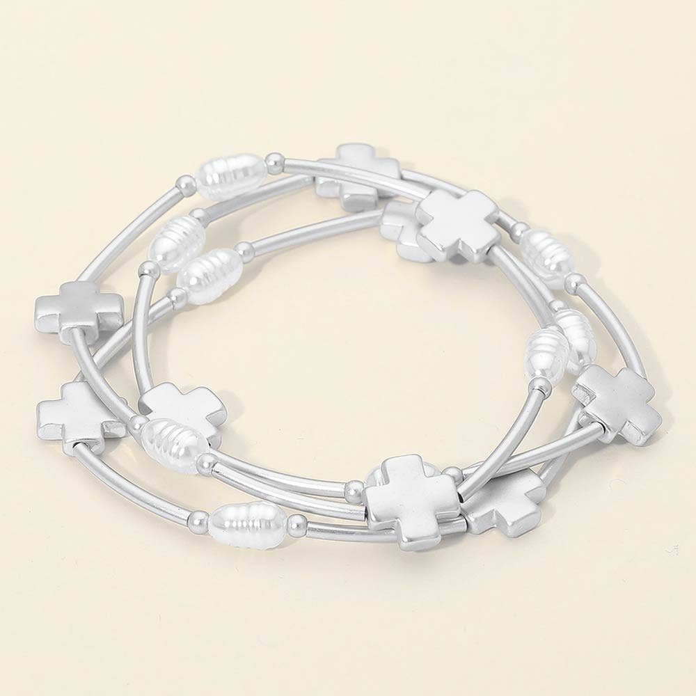 3PCS - Cross Charm Pearl Beaded Stretch Multi Layered Bracelets