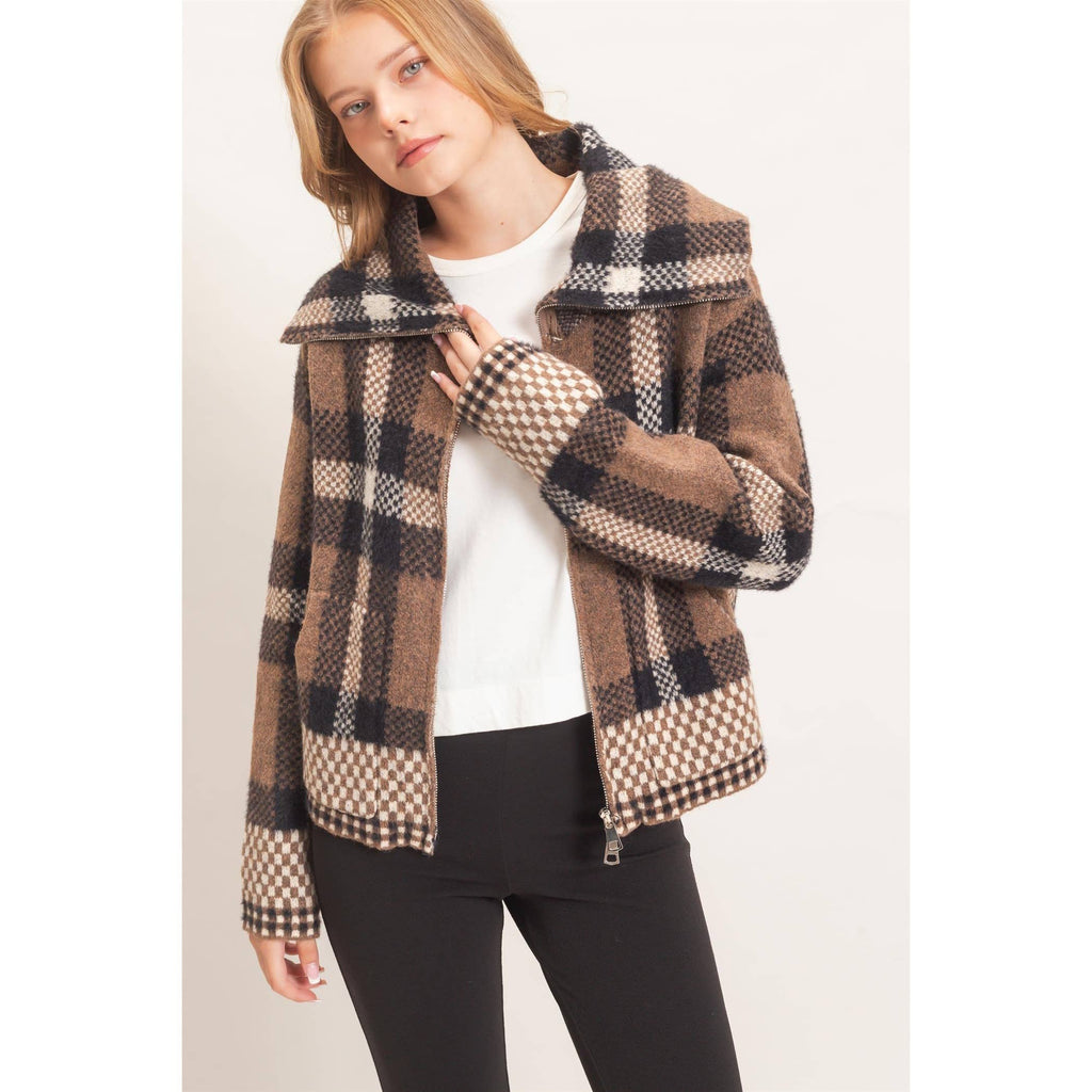 Wide Collar Plaid Zip-Up Sweater