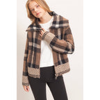 Wide Collar Plaid Zip-Up Sweater