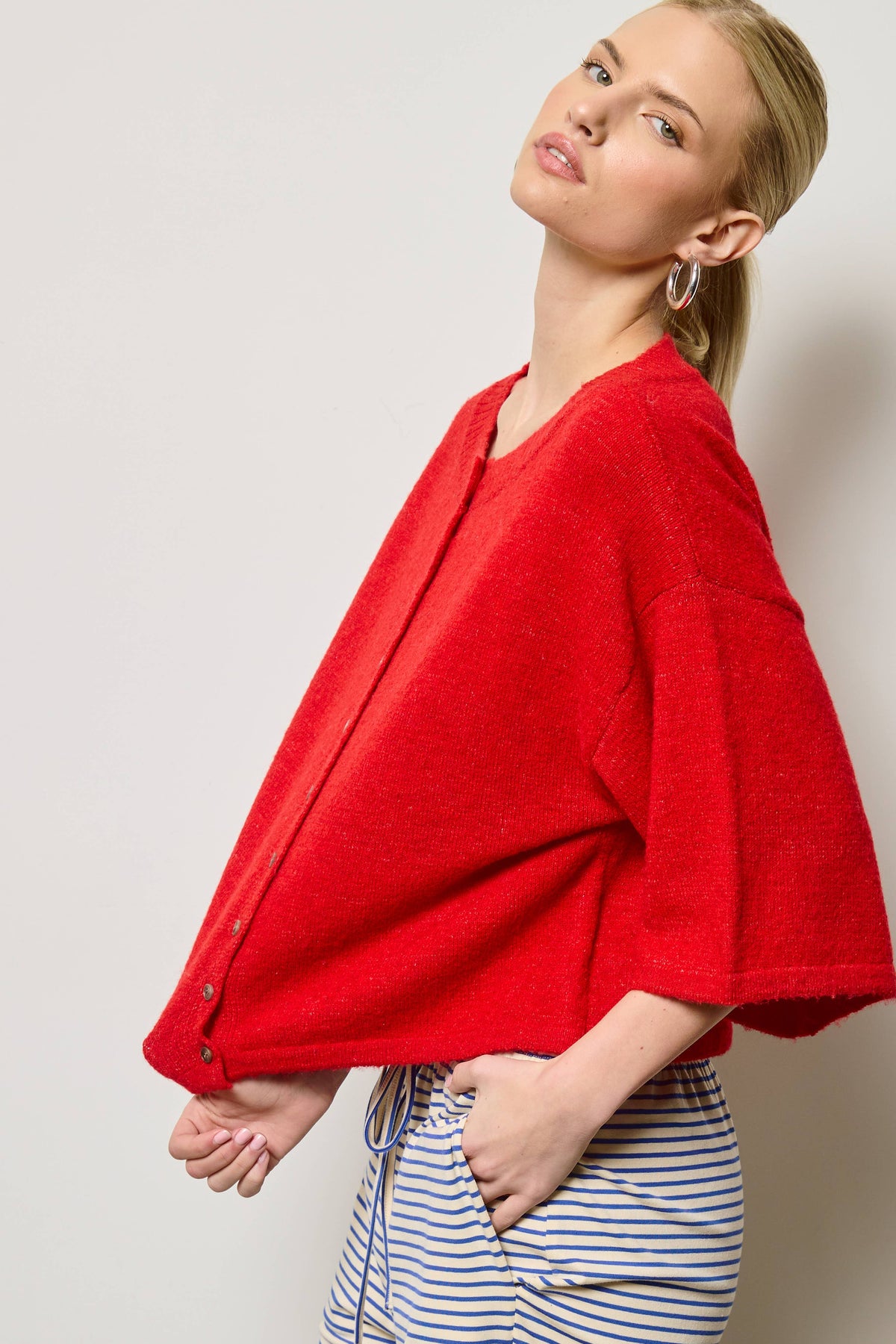 Wide Sleeve Button Front Knit Cardigan