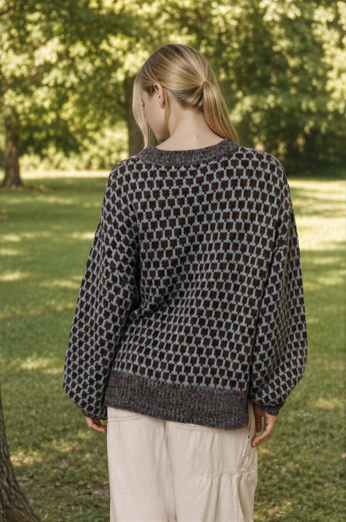 MARLED TRIM GEOMETRIC PATTERN RELAXED SWEATER
