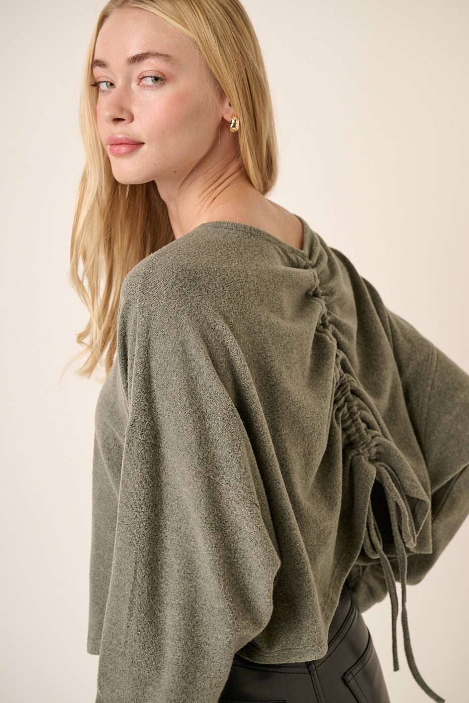H14455-BRUSHED HACCI OVERSIZE RUCHED BACK TOP