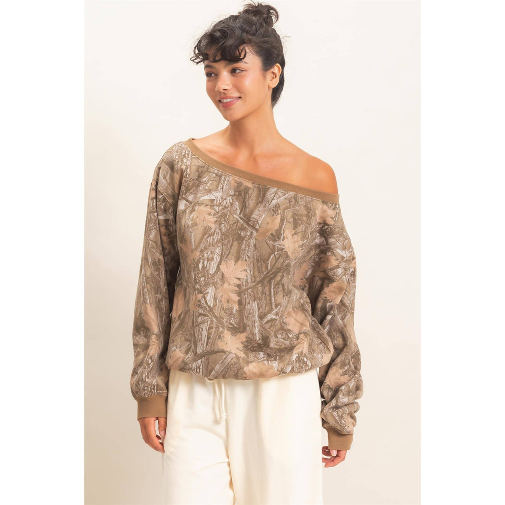 Tree Camouflage Print Off The Shoulder Sweatshirt