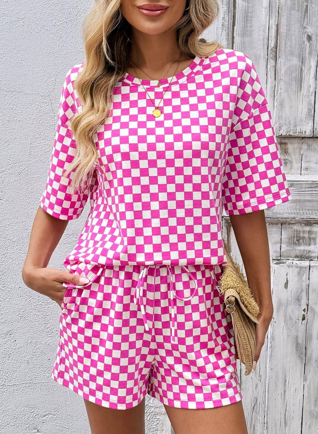 Checkered Short Sleeve Drawstring Lounge Set