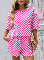 Checkered Short Sleeve Drawstring Lounge Set