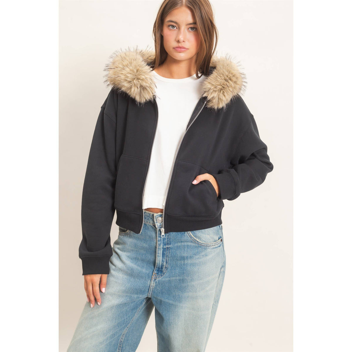 Detachable Fur Zip Up Hoodie