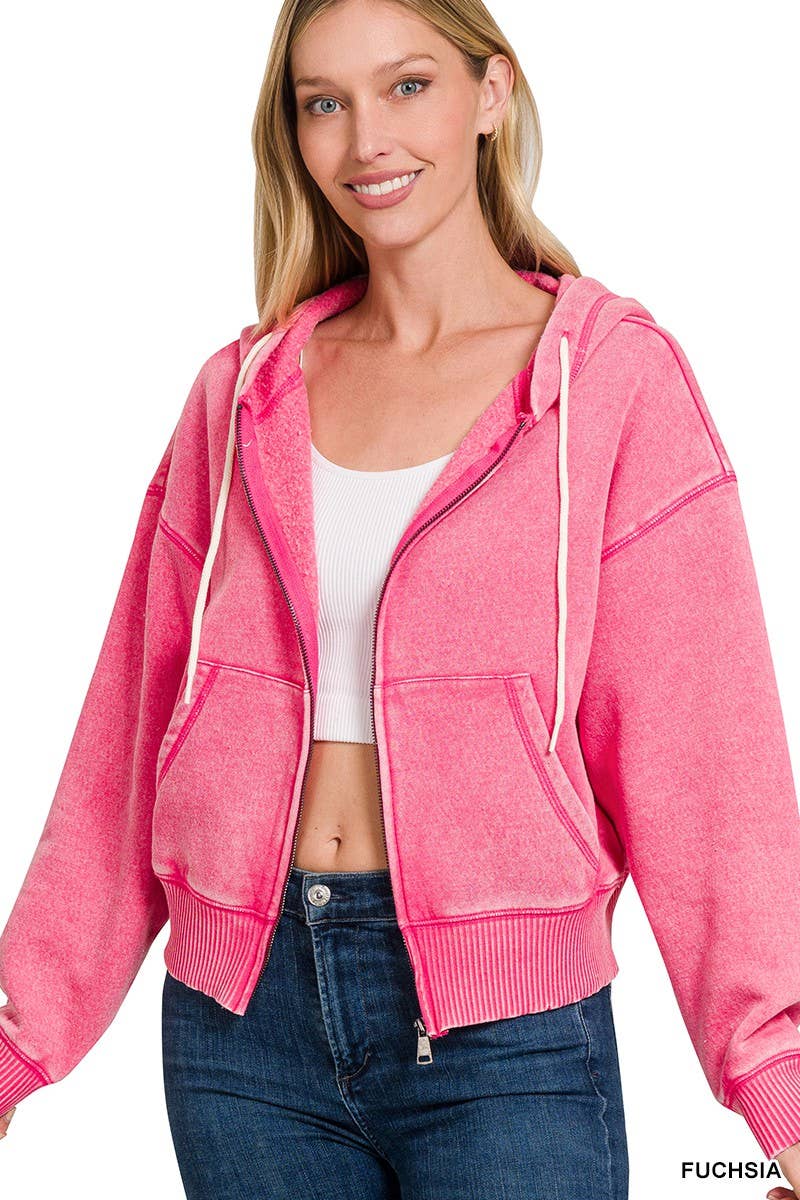 Acid Wash Fleece Cropped Zip-up Hoodie W Pockets