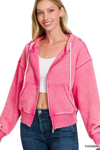 Acid Wash Fleece Cropped Zip-up Hoodie W Pockets