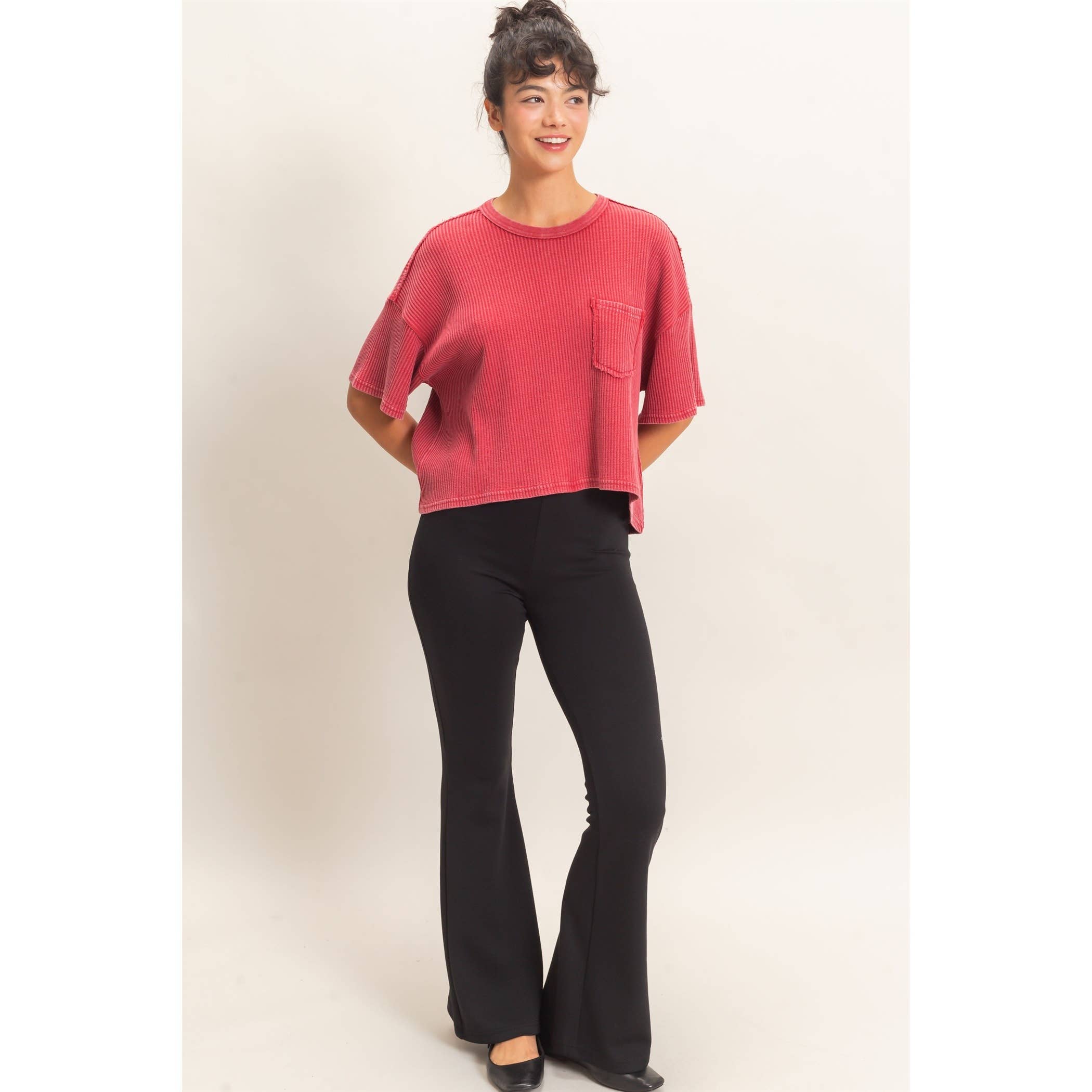Mineral Wash Waffle Knit Pocket Top