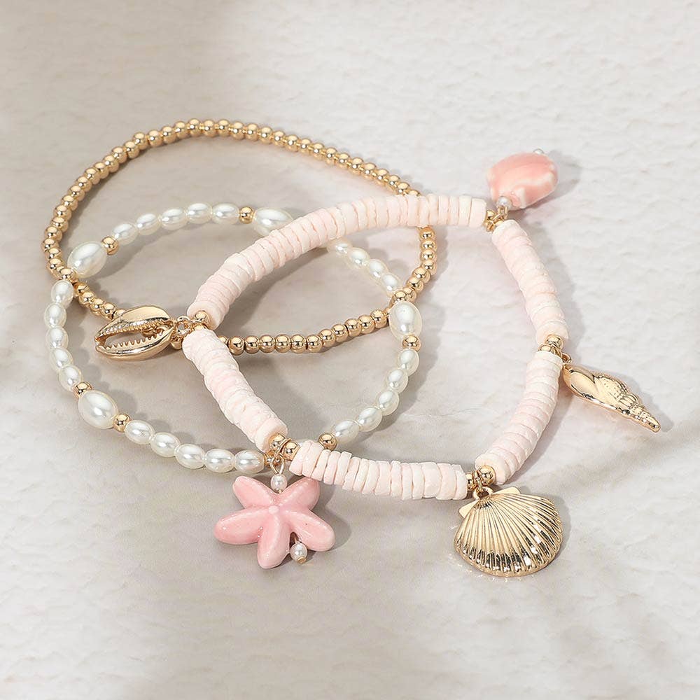 3PCS - Starfish Sea Shell Charm Heishi Pearl Beaded Stretch Multi Layered Bracelets