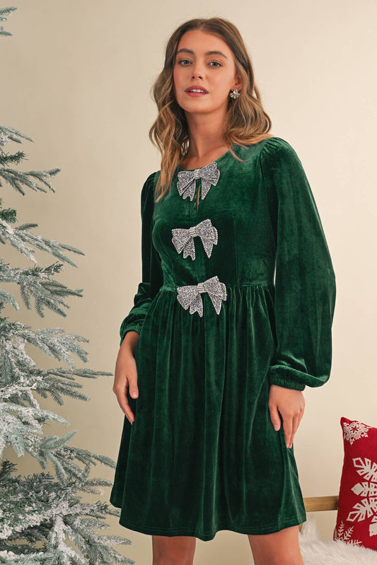 Christmas Velvet Rhinestone Bow Dress