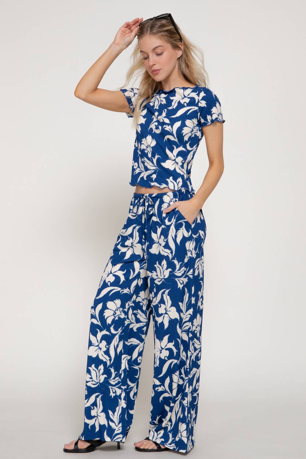 Print Texture Knit Short Sleeve Top & Waist Band Pants Set