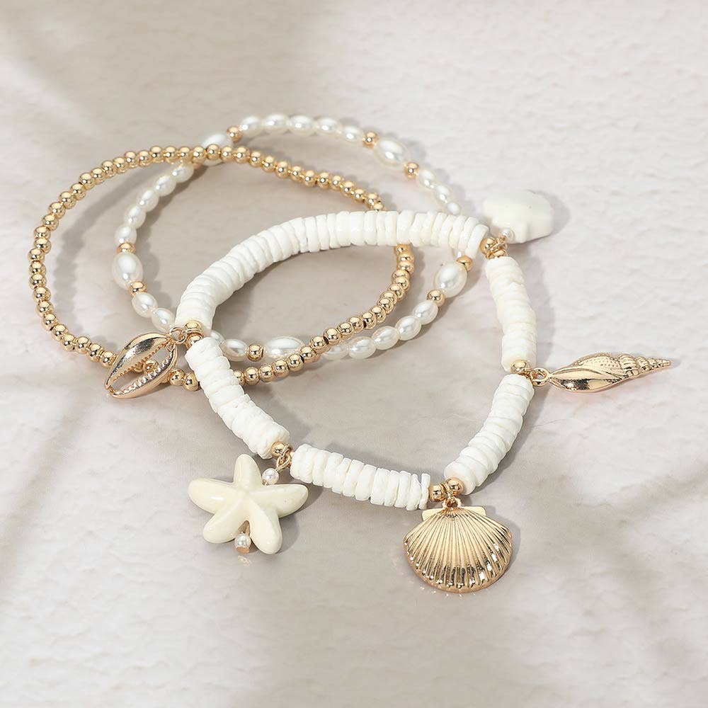 3PCS - Starfish Sea Shell Charm Heishi Pearl Beaded Stretch Multi Layered Bracelets