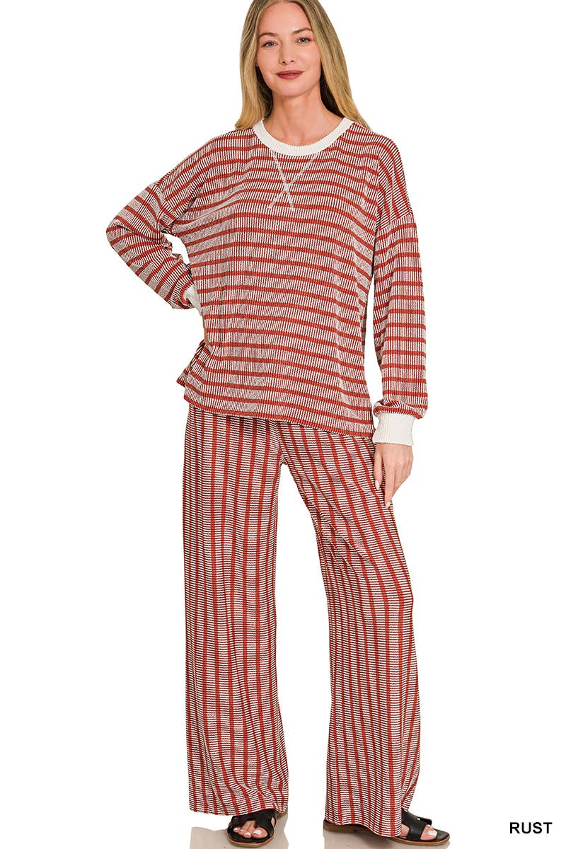 Raised Rib Striped Pullover & Pants 2PC Set