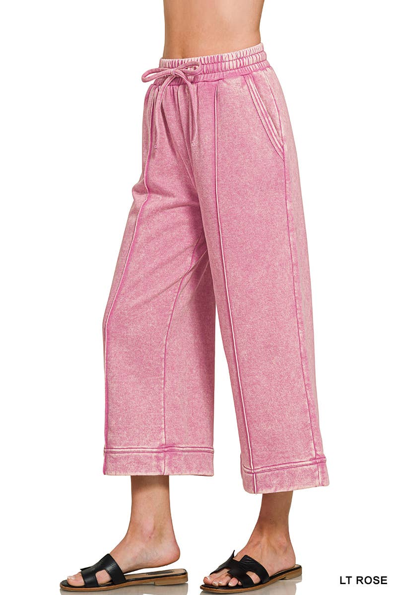 Acid Washed Fleece Pintuck Wide Leg Cropped Pants w/ Pockets