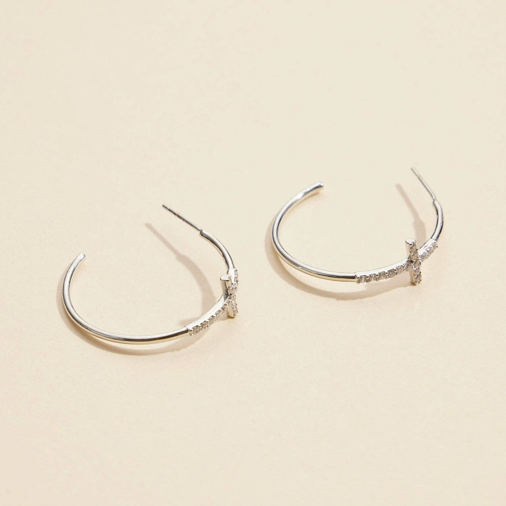 Gold Dipped CZ Cross Open Hoop Earrings
