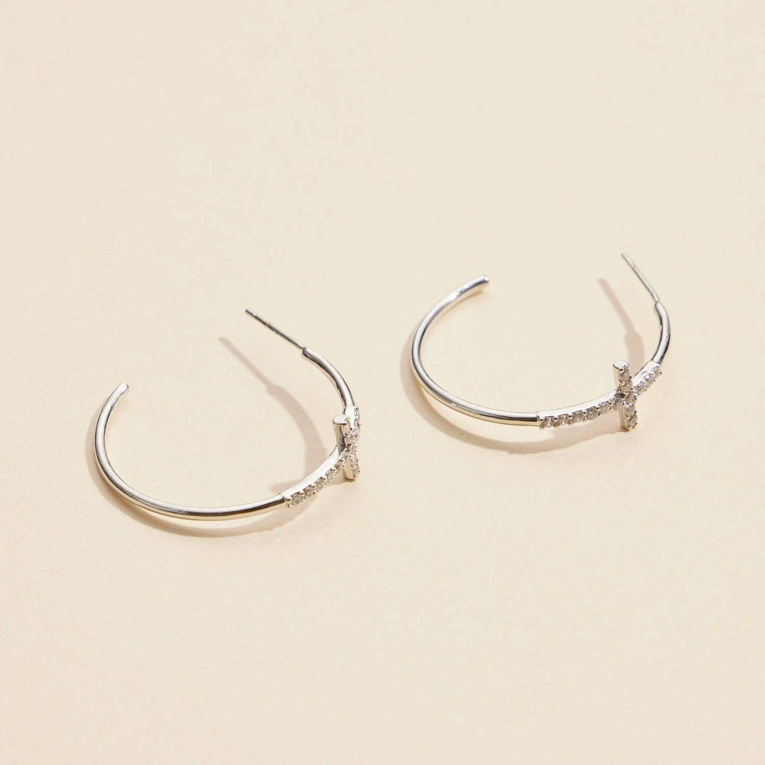 Gold Dipped CZ Cross Open Hoop Earrings