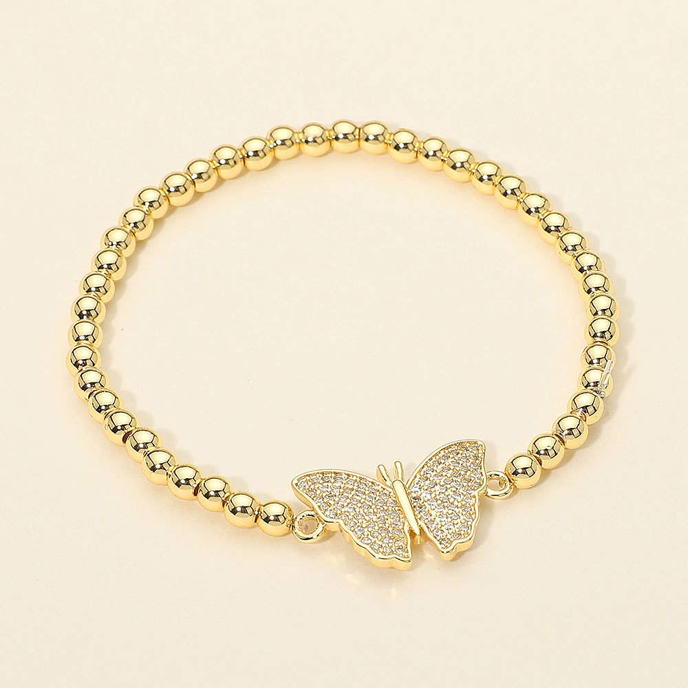 Stainless Steel Rhinestone Pave Butterfly Charm Beaded Stretch Bracelet
