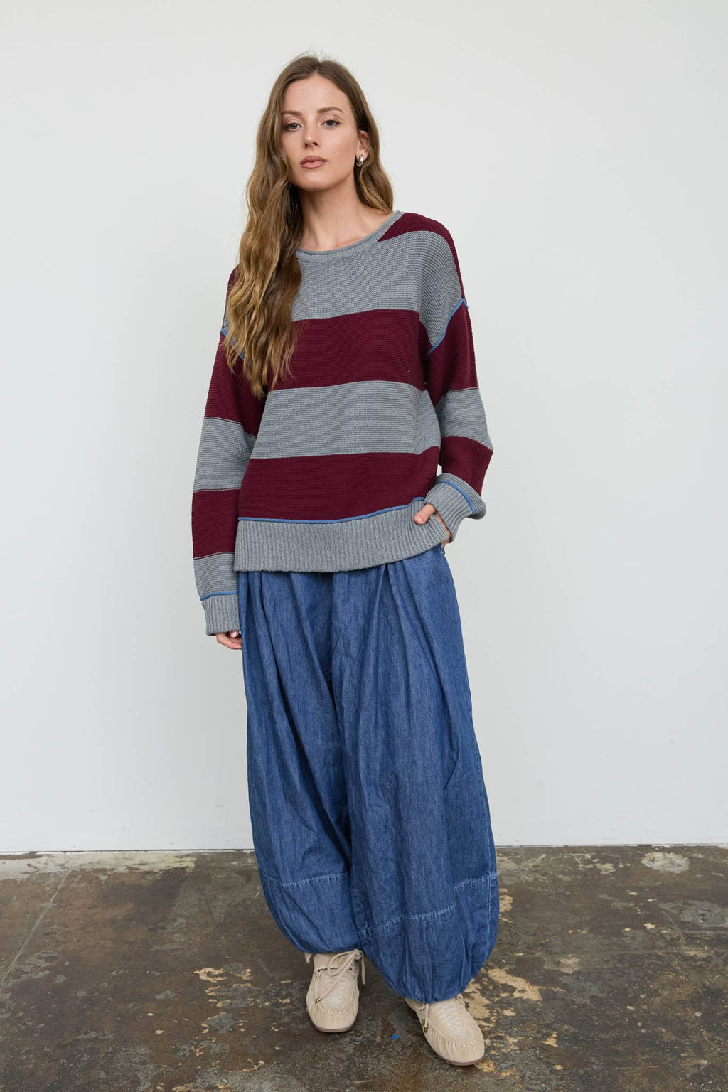 WIDE STRIPE TEXTURED KNIT CONTRAST KNIT CARDIGAN