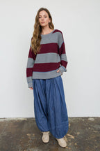 WIDE STRIPE TEXTURED KNIT CONTRAST KNIT CARDIGAN