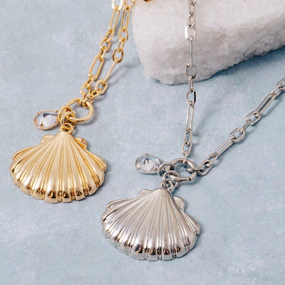 Chain Link Seashell And Crystal Pendant Necklace
