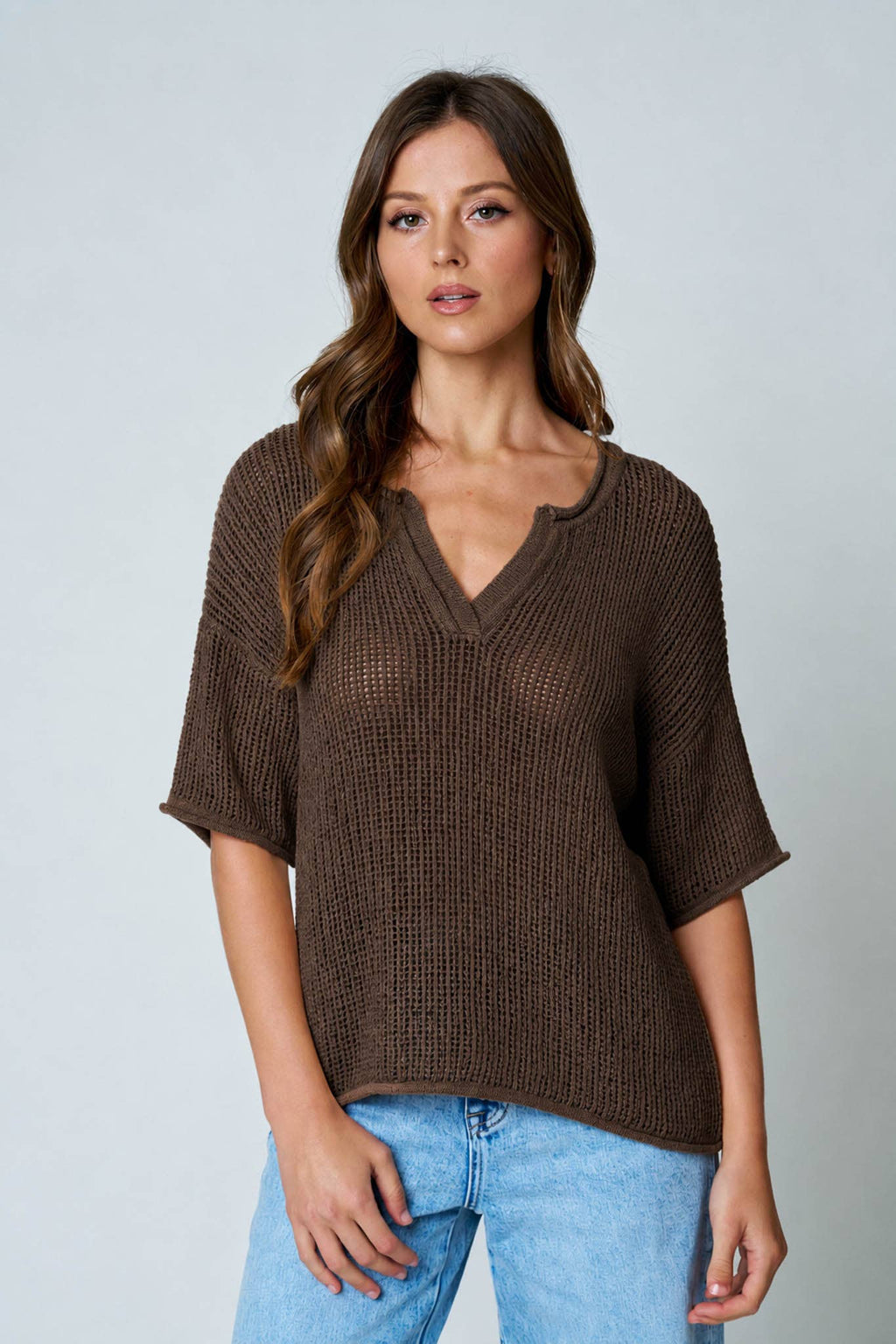 SPLIT NECK SHORT SLEEVE SHEER CROCHET KNIT TOP (PRE-ORDER)