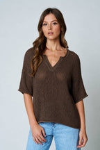 SPLIT NECK SHORT SLEEVE SHEER CROCHET KNIT TOP (PRE-ORDER)