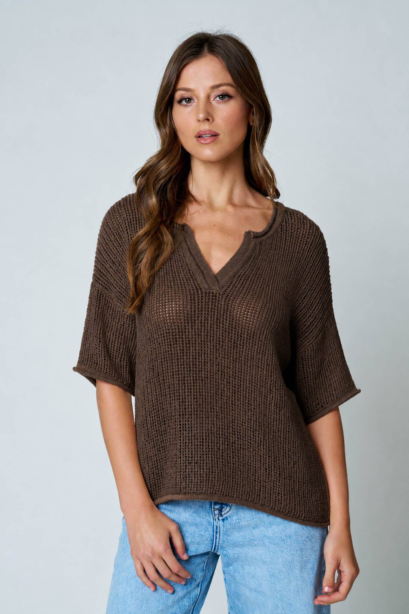 SPLIT NECK SHORT SLEEVE SHEER CROCHET KNIT TOP (PRE-ORDER)