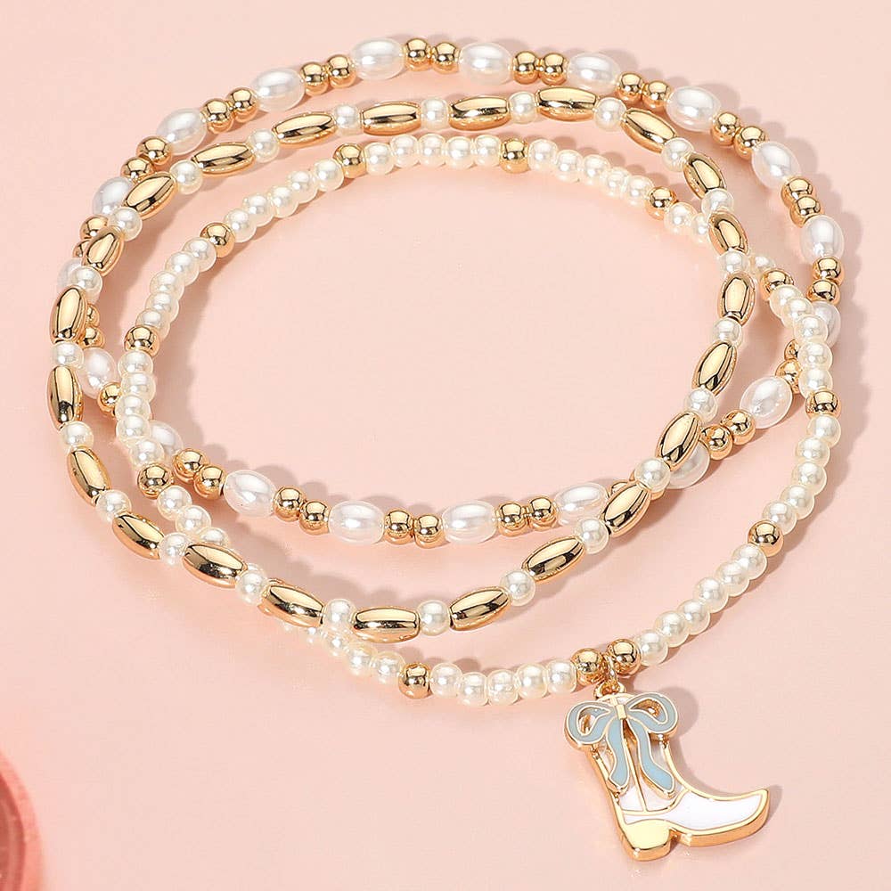 3PCS - Enamel Bow Cowboy Boot Pearl Beaded Multi Layered Bracelet