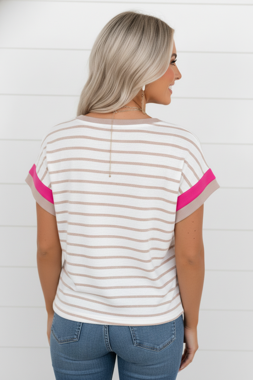 PRETTY BASH Stripe Colorblock Trim Short Sleeve Top
