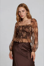 FLORAL CHIFFON SMOCKED LONG SLEEVE BLOUSE