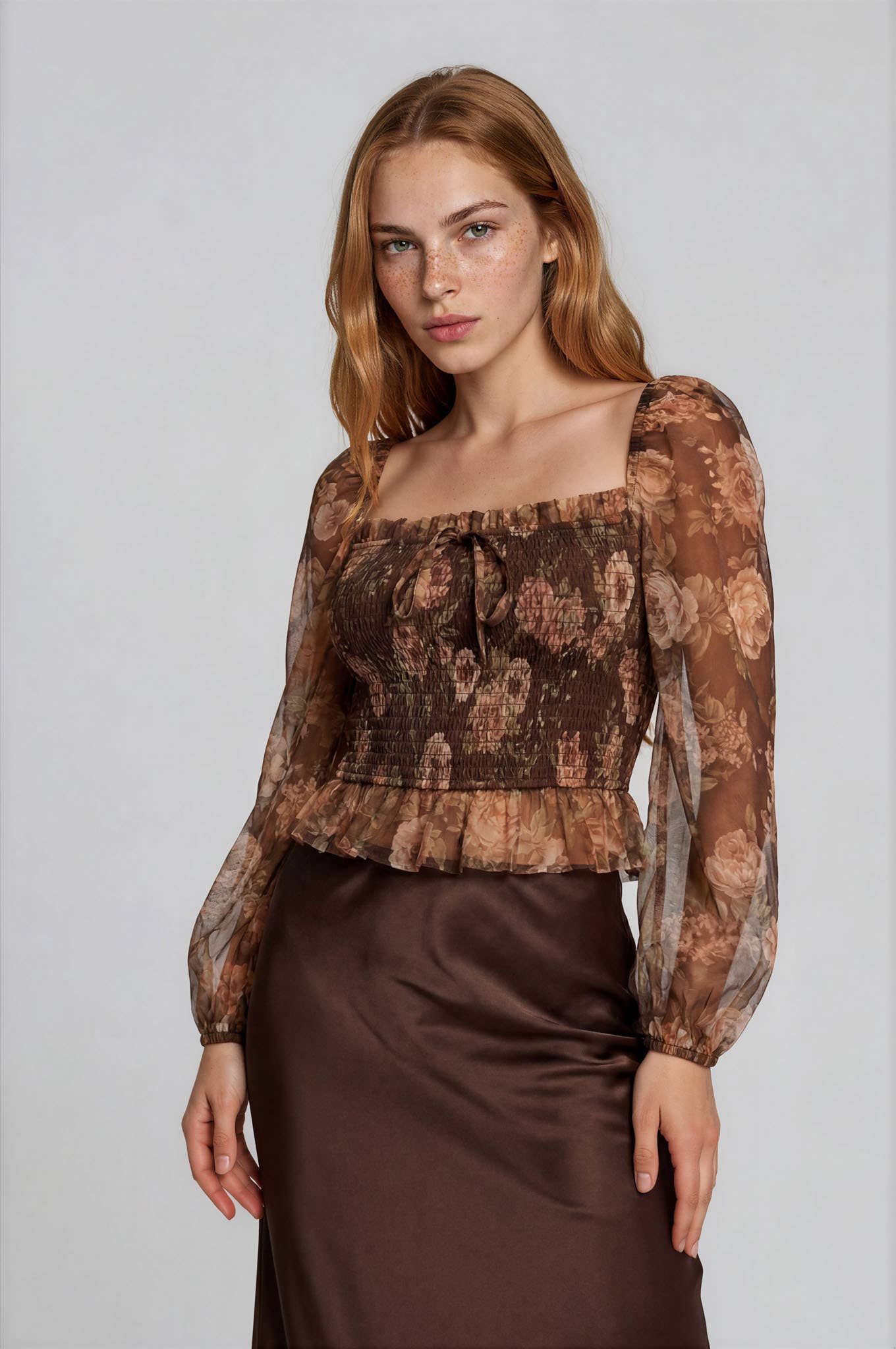 FLORAL CHIFFON SMOCKED LONG SLEEVE BLOUSE