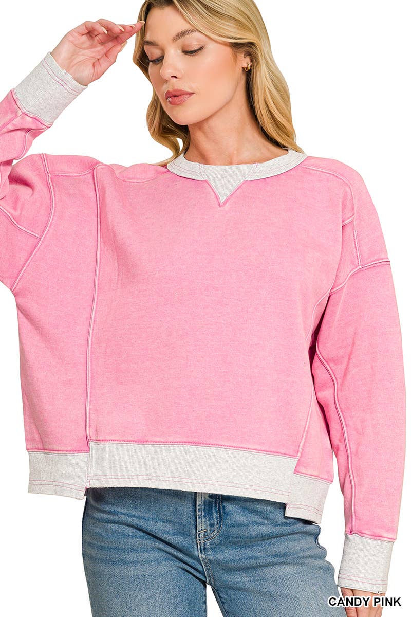 Acid Washed Fleece Contrast Trim Sweatshirts