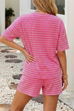 LDC Stripe Rib Loose Drawstring Elastic Waist 2pcs Short Set