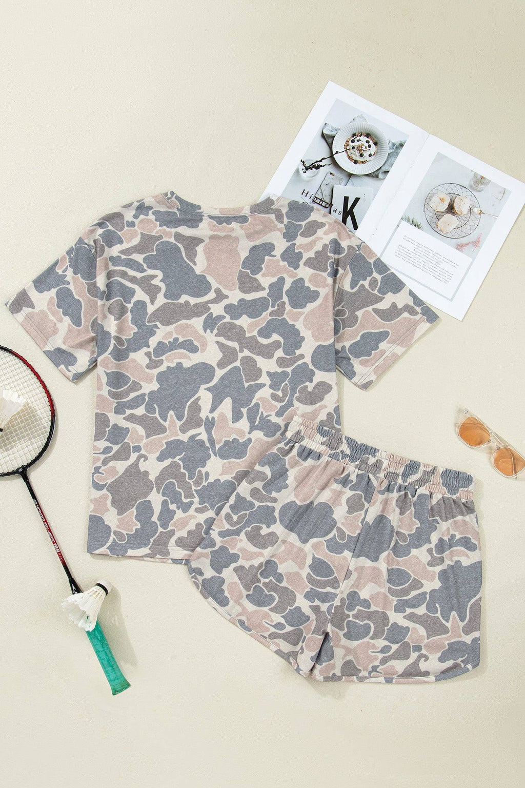 PRETTY BASH Camo Loose Tee & Drawstring Shorts Set