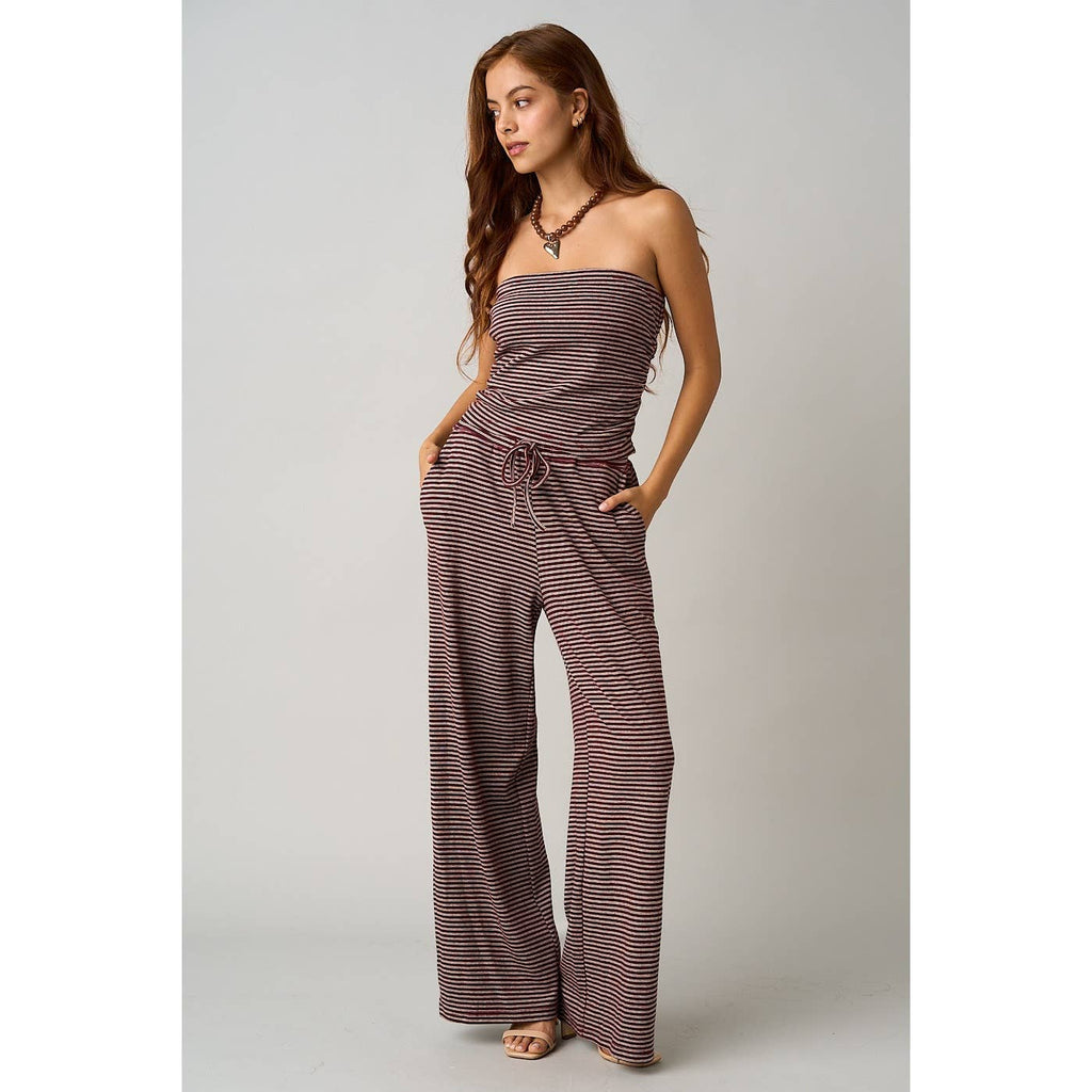STRIPED PRINT SMOCKED BACK TUBE TOP AND PANTS SET