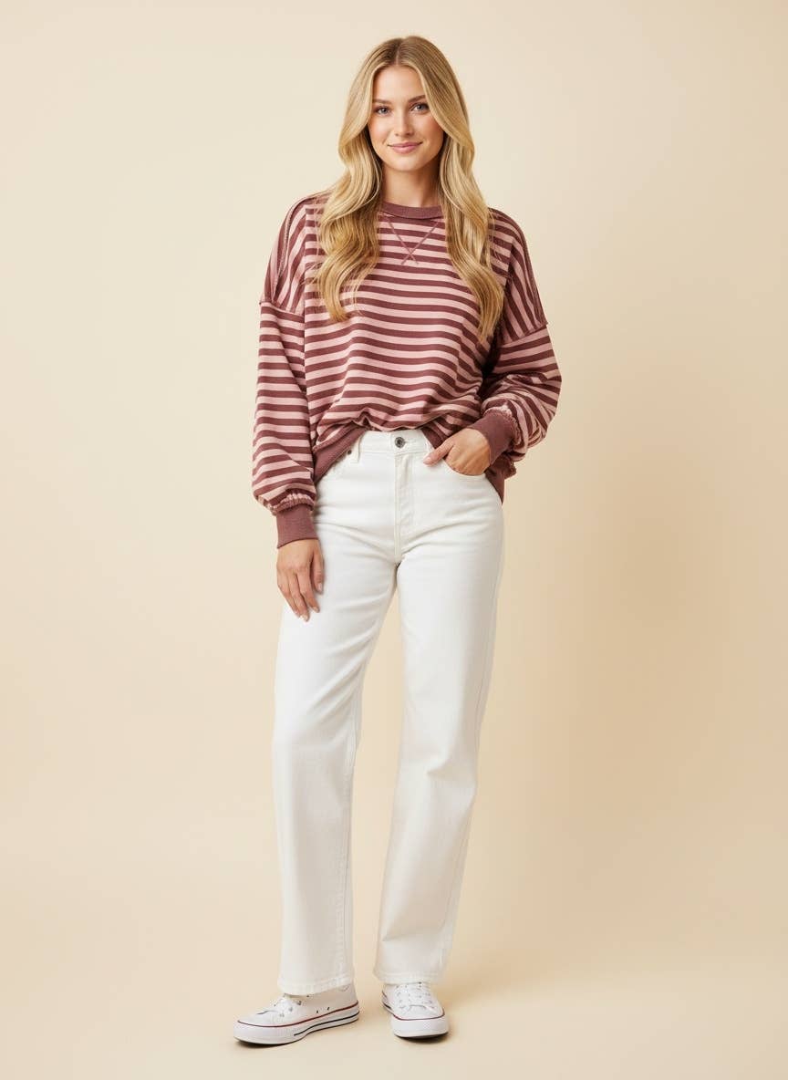HT20242 Striped Drop-Shoulder Pullover Sweatshirt