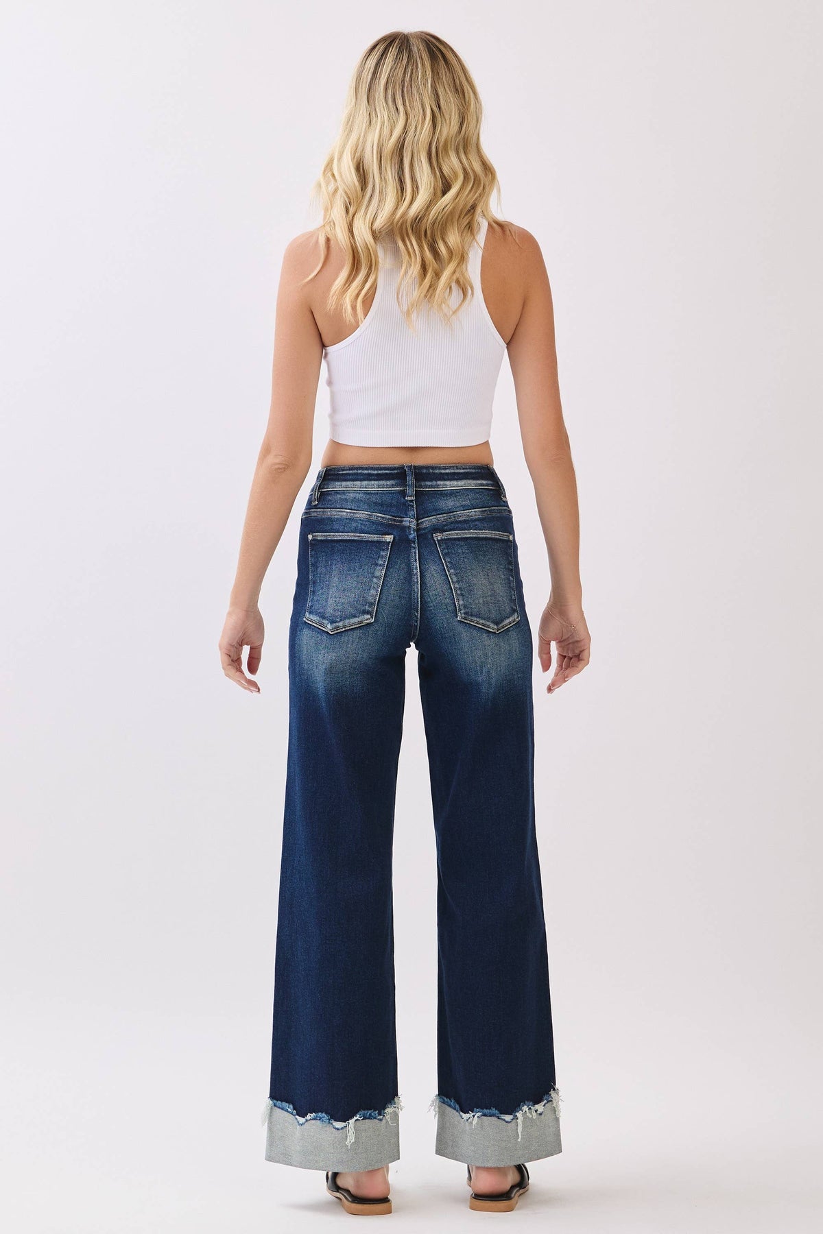 P1554W-DK HIGH RISE STRETCH WIDE LEG W/ CUFFED HEM JEANS