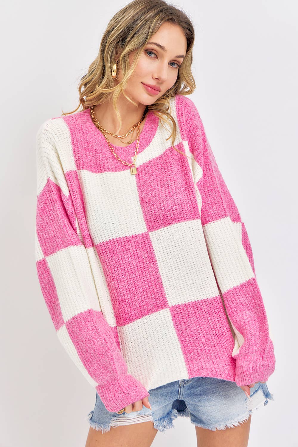 CASUAL SOFT COZY  RELAXED FIT CHECKER KNIT SWEATER